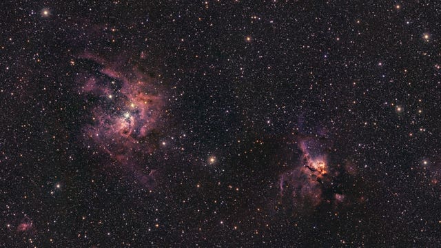 A new view of NGC 3603 (left) and NGC 3576 (right), two stunning nebulas imaged with ESO’s Visible and Infrared Survey Telescope for Astronomy 