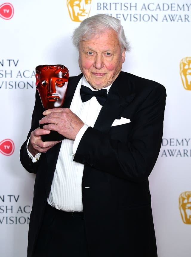 Sir David Attenborough with the award for Virgin TV’s Must-see moment in the press room at the Virgin TV British Academy Television Awards 2018 (Ian West/PA)