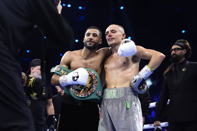 Galal Yafai, left, and Sunny Edwards in the ring after their interim WBC flyweight bout