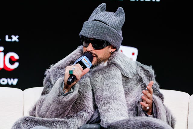 Bad Bunny at a press conference during Super Bowl week in San Francisco