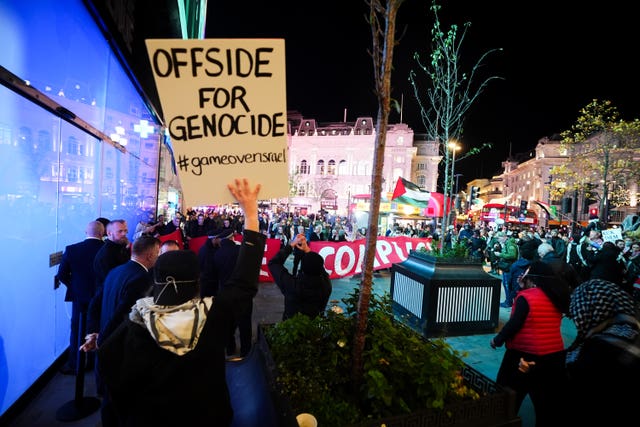 A pro-Palestine protest was held outside the venue in Piccadilly Circus