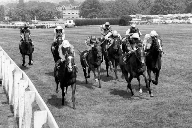 Sadler’s Wells (left) and Pat Eddery beat Time Charter (2nd right) and Joe Mercer in the 1984 Eclipse at Sandown