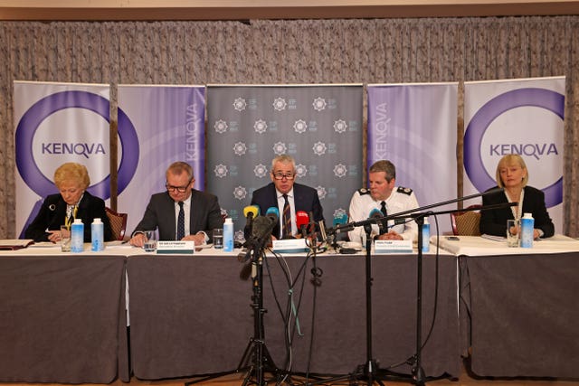 (left to right) Former police ombudsman for Northern Ireland, Baroness Nuala O’Loan, Officer in charge Operation Kenova, Sir Iain Livingstone, Chief Constable Jon Boutcher, Temporary Deputy Chief Constable Chris Todd, and former victims commissioner Judith Thompson 