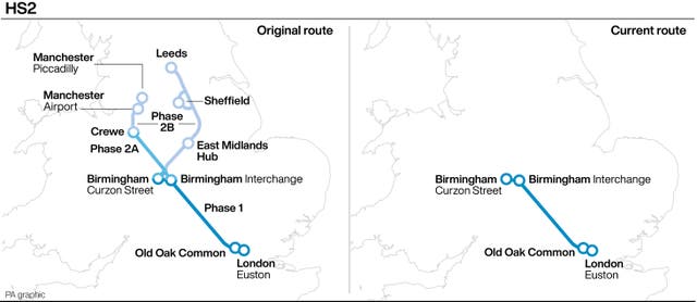 Graphic showing the original route of HS2 on the left and the current route on the right