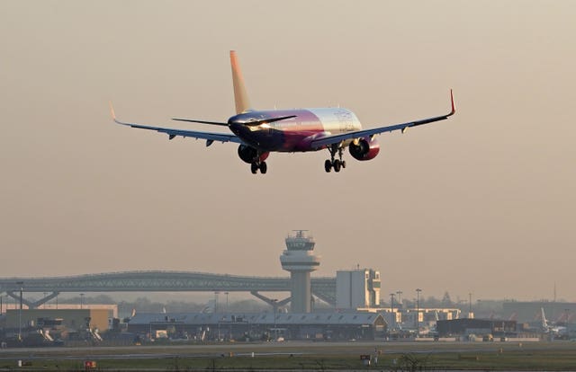 A Whizz Air plane lands at London Gatwick Airport