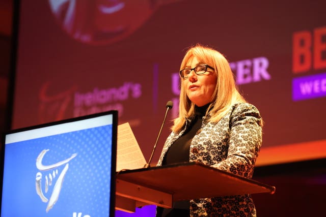 Senator Frances Black speaks on stage during an Irish unification rally