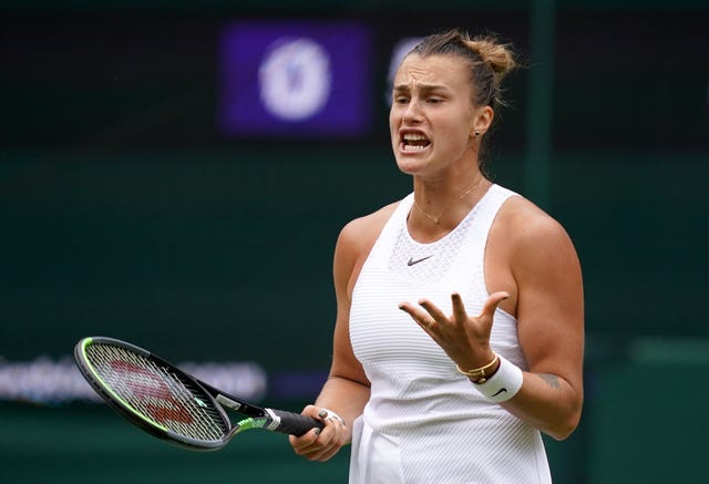 Aryna Sabalenka reacts during her 2021 Wimbledon semi-final against Karolina Pliskova