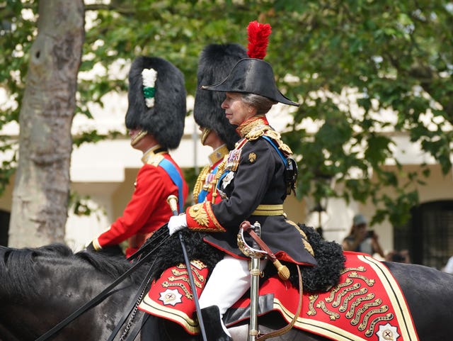 The Princess Royal riding on horseback along The Mall following the Trooping the Colour ceremony in 2023
