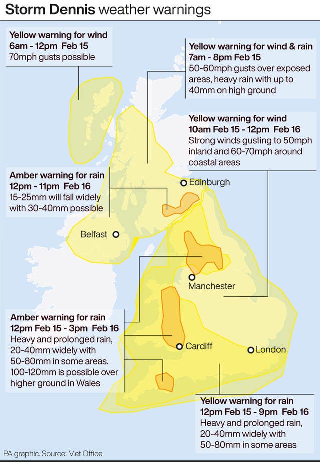 Storm Dennis weather warnings