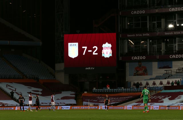 The scoreboard shows Aston Villa's 7-2 win over Liverpool