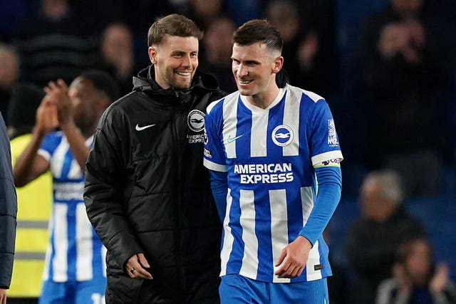 Brighton manager Fabian Hurzeler, left, celebrates victory with midfielder Pascal Gross