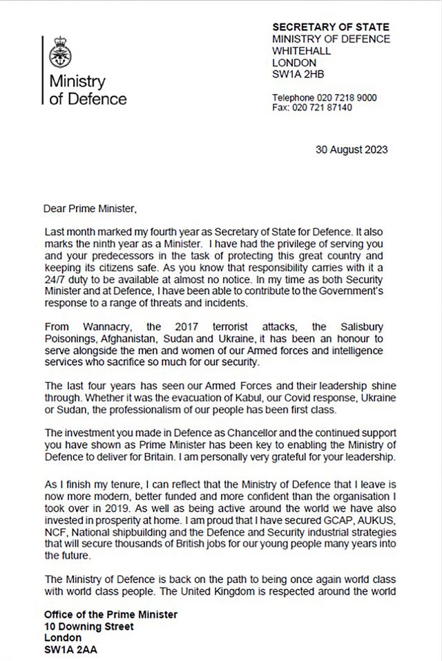 Ben Wallace's resignation letter to Prime Minister Rishi Sunak