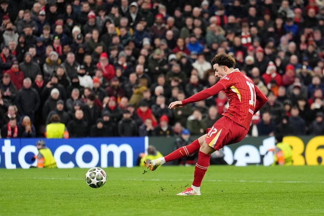 Liverpool’s Curtis Jones misses from the penalty spot in the shoot-out against PSG