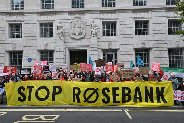 A protest outside the Department of Energy Security and Net Zero in Whitehall, London, against plans for drilling in the Rosebank oil field