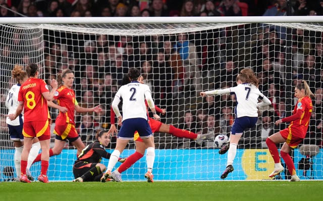 England’s Jess Park (second right) scores their side’s first goal of the game during the UEFA Women’s Nations League, League A, Group A3 match at Wembley Stadium, London.