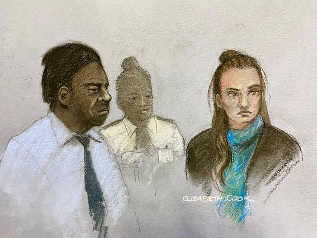 Court artist sketch by Elizabeth Cook of Mark Gordon and Constance Marten appearing at the Old Bailey in London