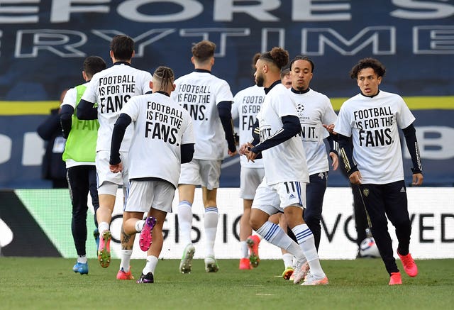 Leeds players joined in the protests against the proposed European Super League before Monday's draw with Liverpool