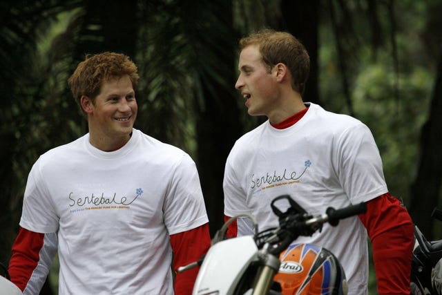 File photo dated 17/10/08 of Prince William and Prince Harry ahead of the Enduro Africa charity ride in Port Edward, South Africa. 