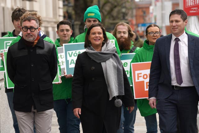 Sinn Fein leader Mary Lou McDonald, with candidates Eoin O Broin and Matt Carthy, during campaigning