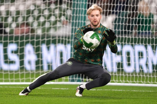 Republic of Ireland goalkeeper Caoimhin Kelleher warming up prior to kick-off in the Nations League play-offs, second leg match against Bulgaria