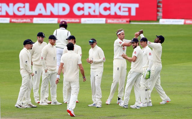 England’s Stuart Broad celebrates taking the key wicket of West Indies’ Kraigg Brathwaite