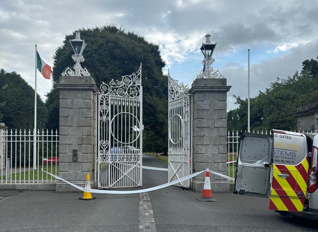 The damaged gates at Dublin’s Phoenix Park, the official residence of Ireland’s President, Michael D Higgins