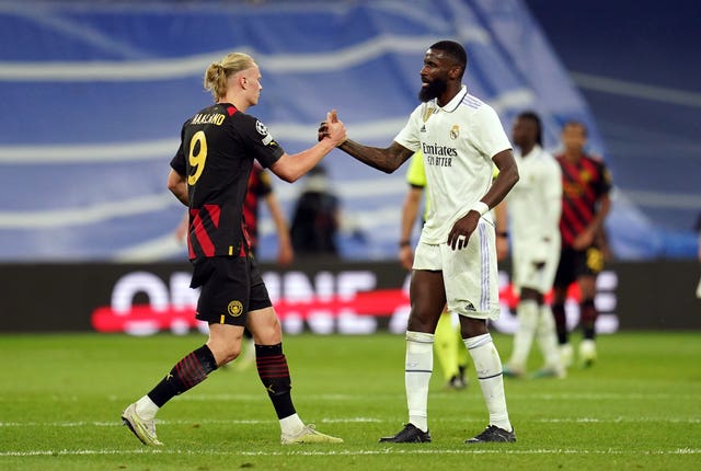 Real Madrid’s Antonio Rudiger (right) went head-to-head with Manchester City’s Erling Haaland in the Champions League, semi-finals
