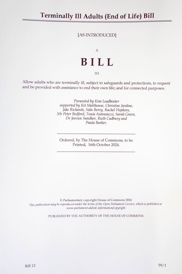 Front cover of a hard copy of the Terminally Ill Adults (End of Life) Bill