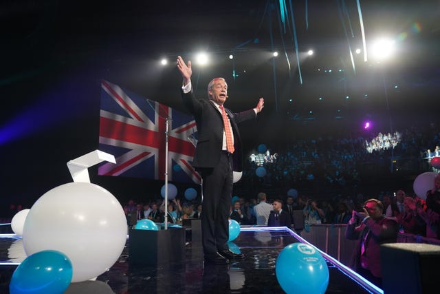 Reform UK leader Nigel Farage speaking during the party’s annual conference at the National Exhibition Centre in Birmingham