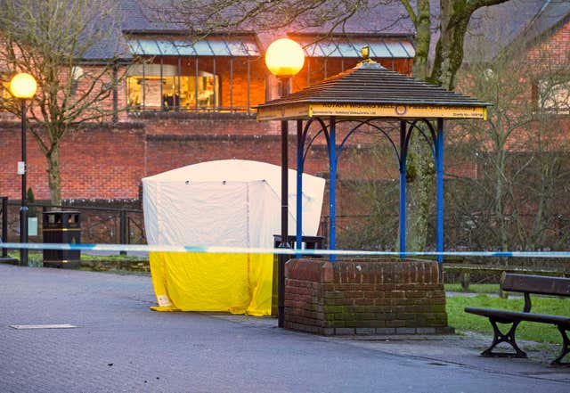 A police tent has been erected in Salisbury at the spot in The Maltings shopping centre where Mr Skripal was found (Steve Parsons/PA)