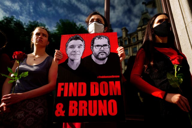 Supporters at a vigil outside the Brazilian Embassy in London for Dom Phillips and Bruno Araujo Pereira