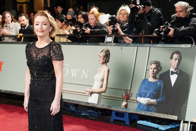 Lesley Manville arrives at the world premiere of The Crown series five at the Theatre Royal in London 
