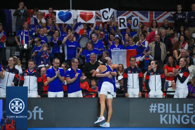 France celebrate victory over Great Britain in the Billie Jean King Cup 