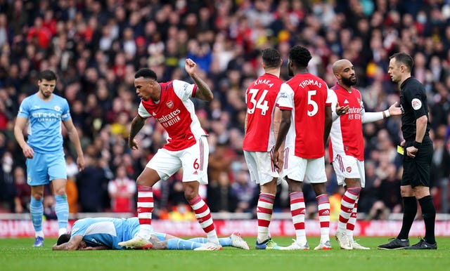 On Saturday, Arsenal led against Manchester City before giving away a penalty, scored by Riyad Mahrez - then had Gabriel Magalhaes (number six) sent off shortly after (John Walton/PA).