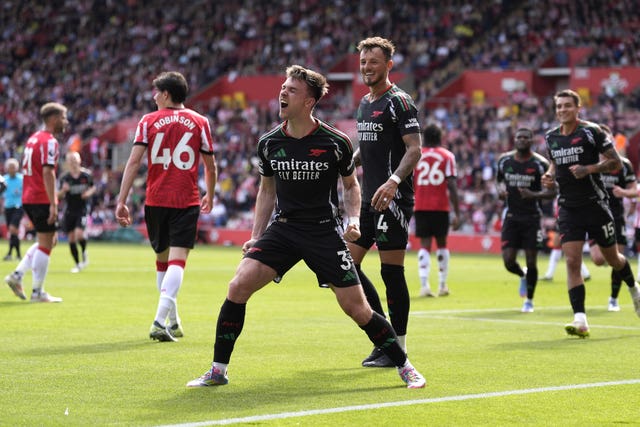 Arsenal’s Kieran Tierney celebrates scoring