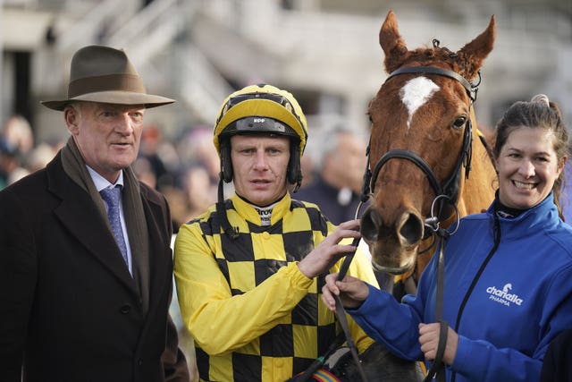 Trainer Willie Mullins (left), with jockey Paul Townend and State Man 
