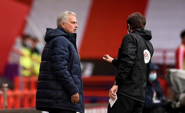 Tottenham manager Jose Mourinho reacts after VAR rules out a gal for his side at Sheffield United