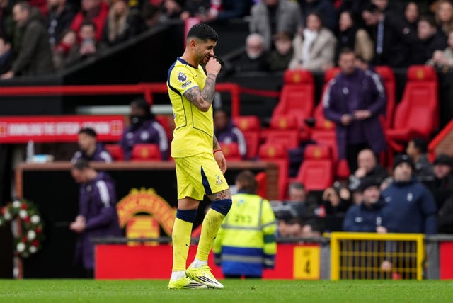 Tottenham Hotspur’s Cristian Romero leaves the field