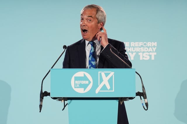 Nigel Farage speaking during a campaign event at Stafford Showground, Stafford,