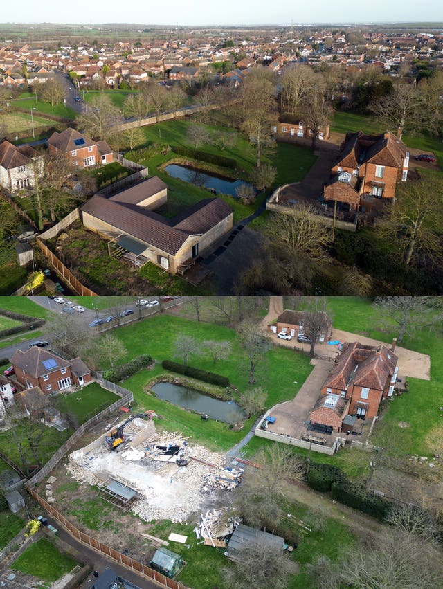 A before and after of the demolition of an unauthorised spa pool block at the home of Hannah Ingram-Moore (Joe Giddens/Jacob King/PA)