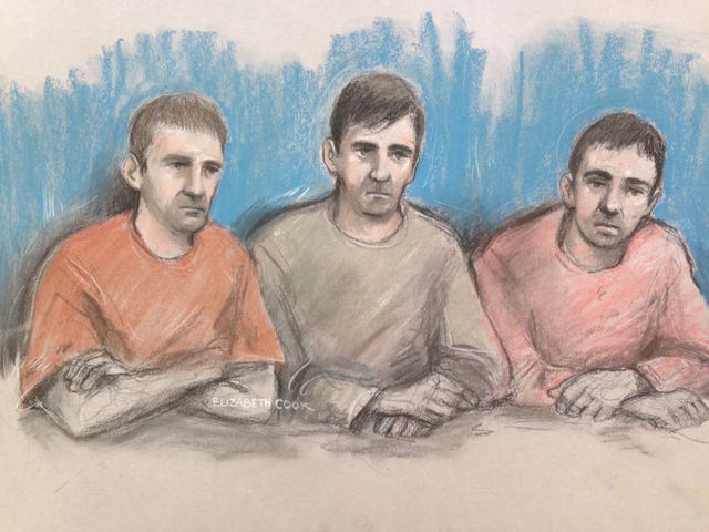 Court artist sketch of (left to right) Scott Keeping, Jason Baccus and Kevin Downton in the dock at Winchester Crown Court (Elizabeth Cook/PA)