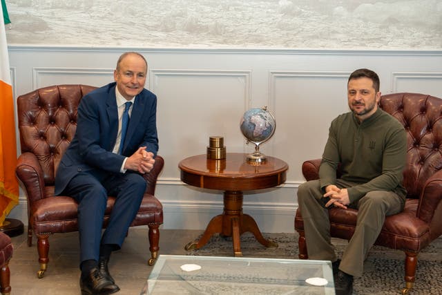 Taoiseach Micheal Martin (left) during a meeting with Volodymyr Zelensky at Shannon Airport