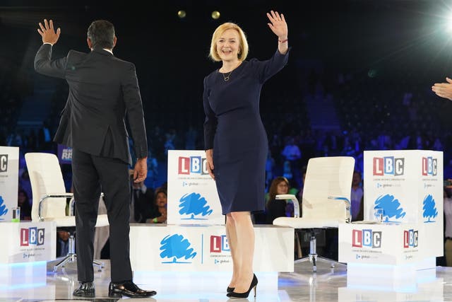 Rishi Sunak and Liz Truss during a hustings event at Wembley Arena, London 