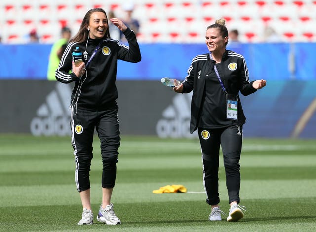 Weir, left, and team-mate Jo Love in high spirits ahead of the clash with England