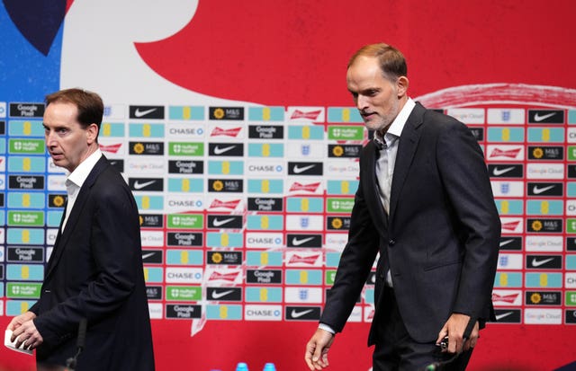 Newly appointed England head coach Thomas Tuchel with FA CEO Mark Bullingham ahead of a press conference 