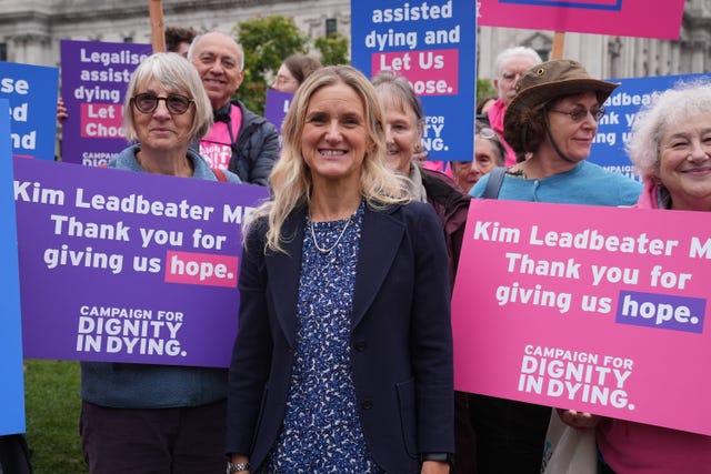 Kim Leadbeater with campaigners who support assisted dying