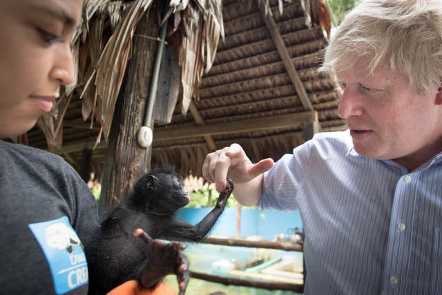 Boris Johnson is shown a baby black spider monkey rescued by rangers after its parents were killed by poachers (Stefan Rousseau/PA)