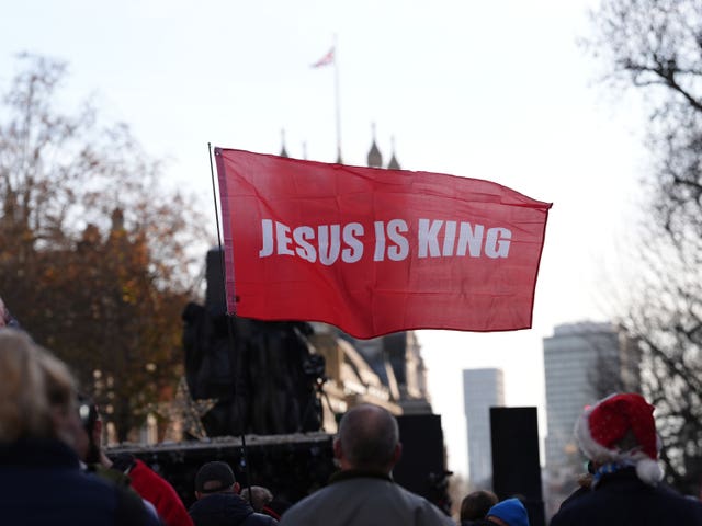 A banner at the Unite the Kingdom carol service