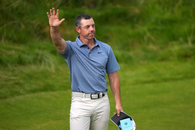 Rory McIlroy waves to spectators on the 18th green at Royal Portrush