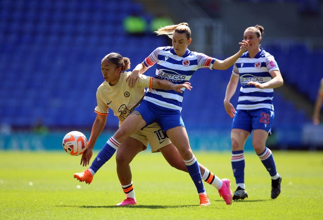 Chelsea's Lauren James and Reading's Gemma Evans battle for the ball during the Barclays Women’s Super League match at the Select Car Leasing Stadium,
